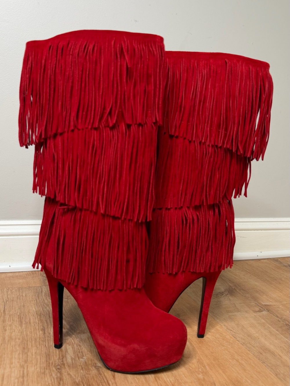 MOJO MOXY Women's Red Fringe Leather Platform Boots Stiletto Heel 8.5 - Picture 10 of 14